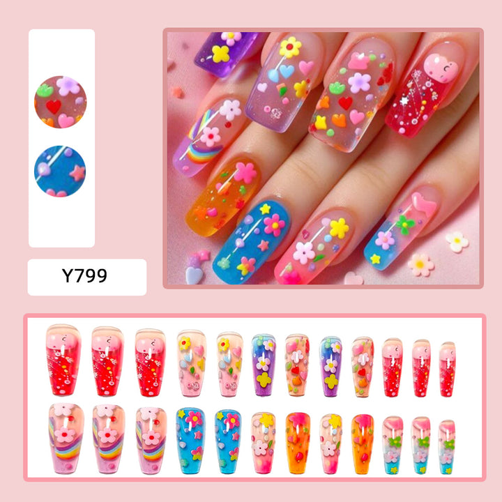 Artificial nails with colorful floral designs and 3D details Kalsten