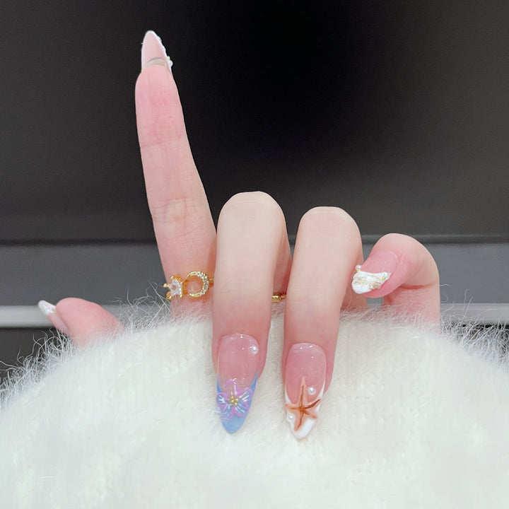 Artistic Press-On Nail Art Set with Floral and Starfish Design Kalsten