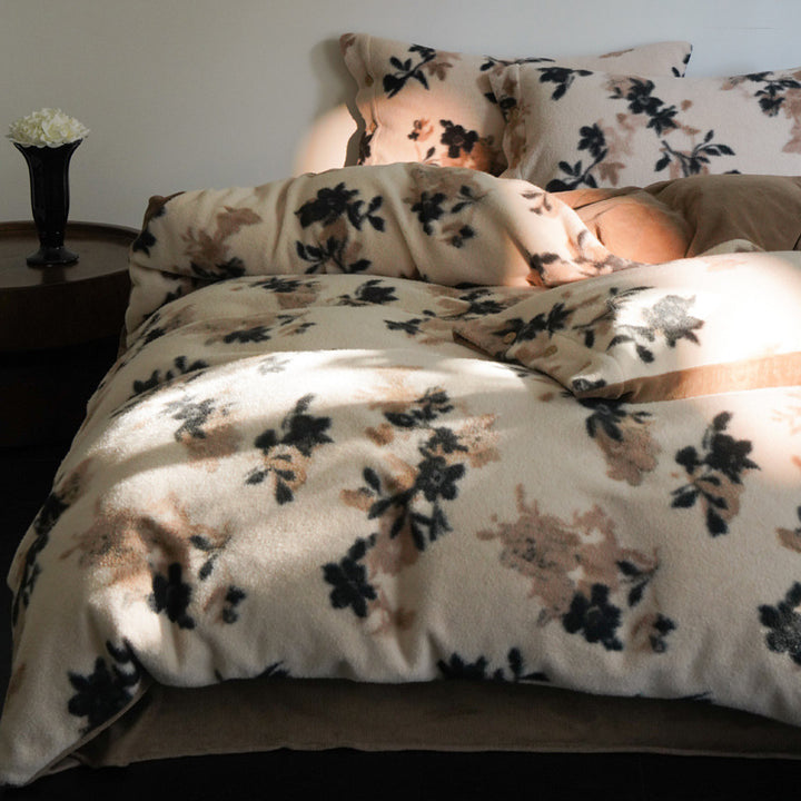 Cozy microfiber fleece bed set with floral velour texture
