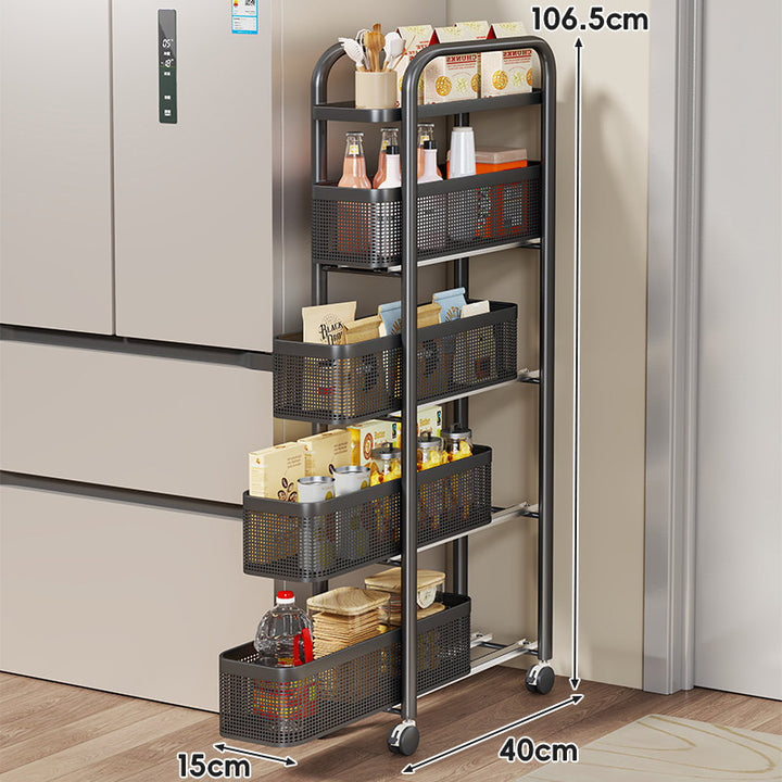 Slim Sliding Pantry Trolley with Perforated Pull-Out Mesh Baskets and Locking Casters