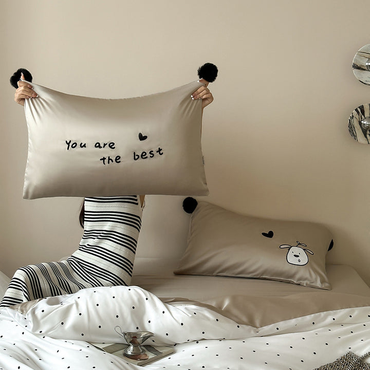 Cotton satin bedding set with heart allover, cute cat embroidery and pompom pillow
