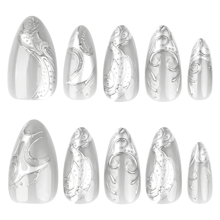 Artistic stiletto nails with elegant silver design Kalsten
