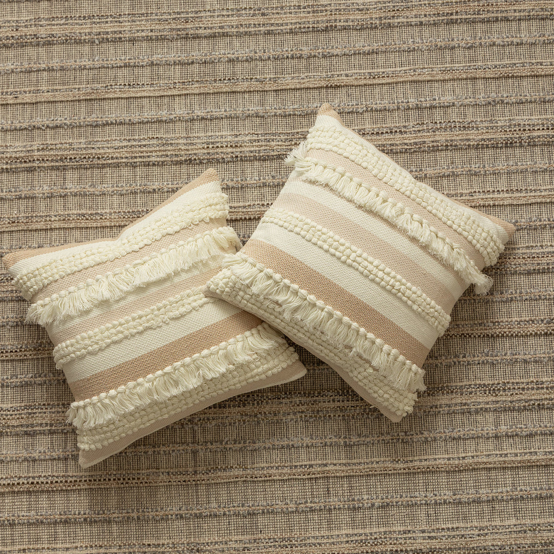 Decorative woven cushion cover with fringes and textured striped design Kalsten
