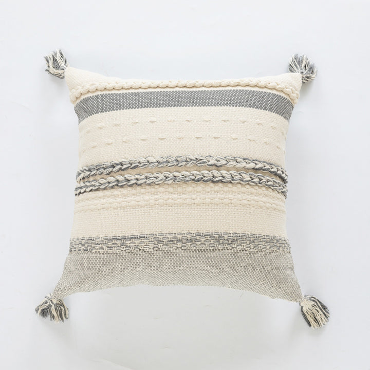 Coastal-Inspired Woven Cotton Square Accent Pillow with Braided Rope Bands and Corner Tassels