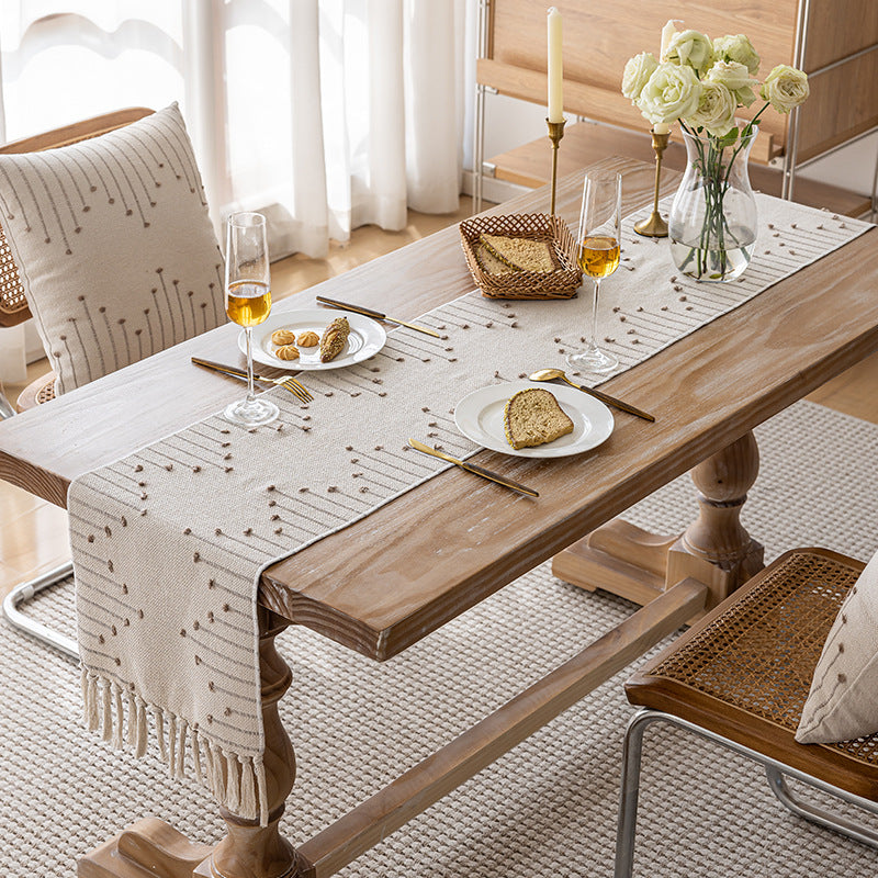 Handwoven Textured Cotton Tassel Table Runner for Dining and Console