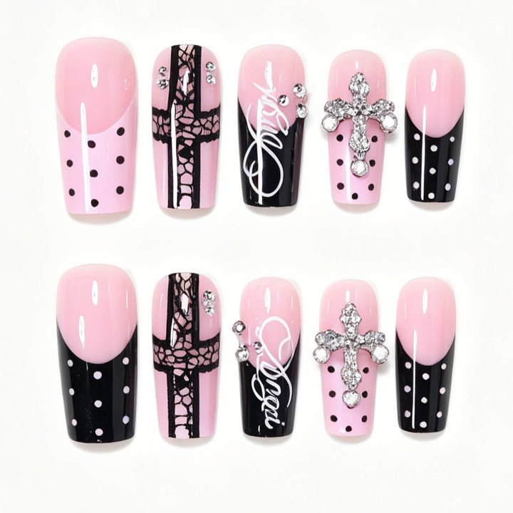 Artistic Long Press-On Nail Design Set with Cross Accents Kalsten