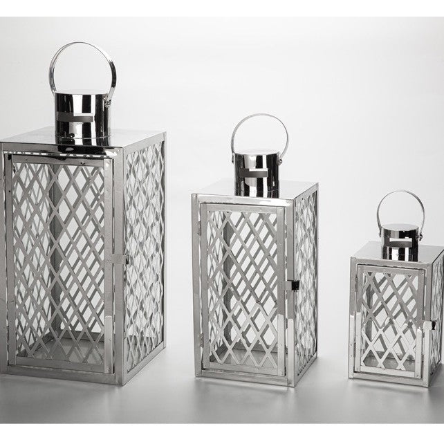 Modern Polished Lattice Metal Lantern Collection with Hinged Door and Top Loop Handle Kalsten