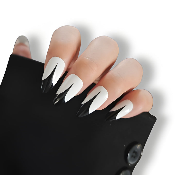 Trendy Stiletto Press-On Nails with Artistic Black and White Design Kalsten