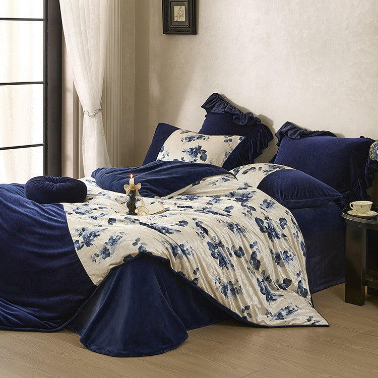 Premium velvet bedding set with floral satin contrast and decorative ruffled border