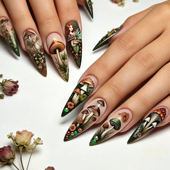 Creative artificial nails with playful fairy and mushroom design Kalsten