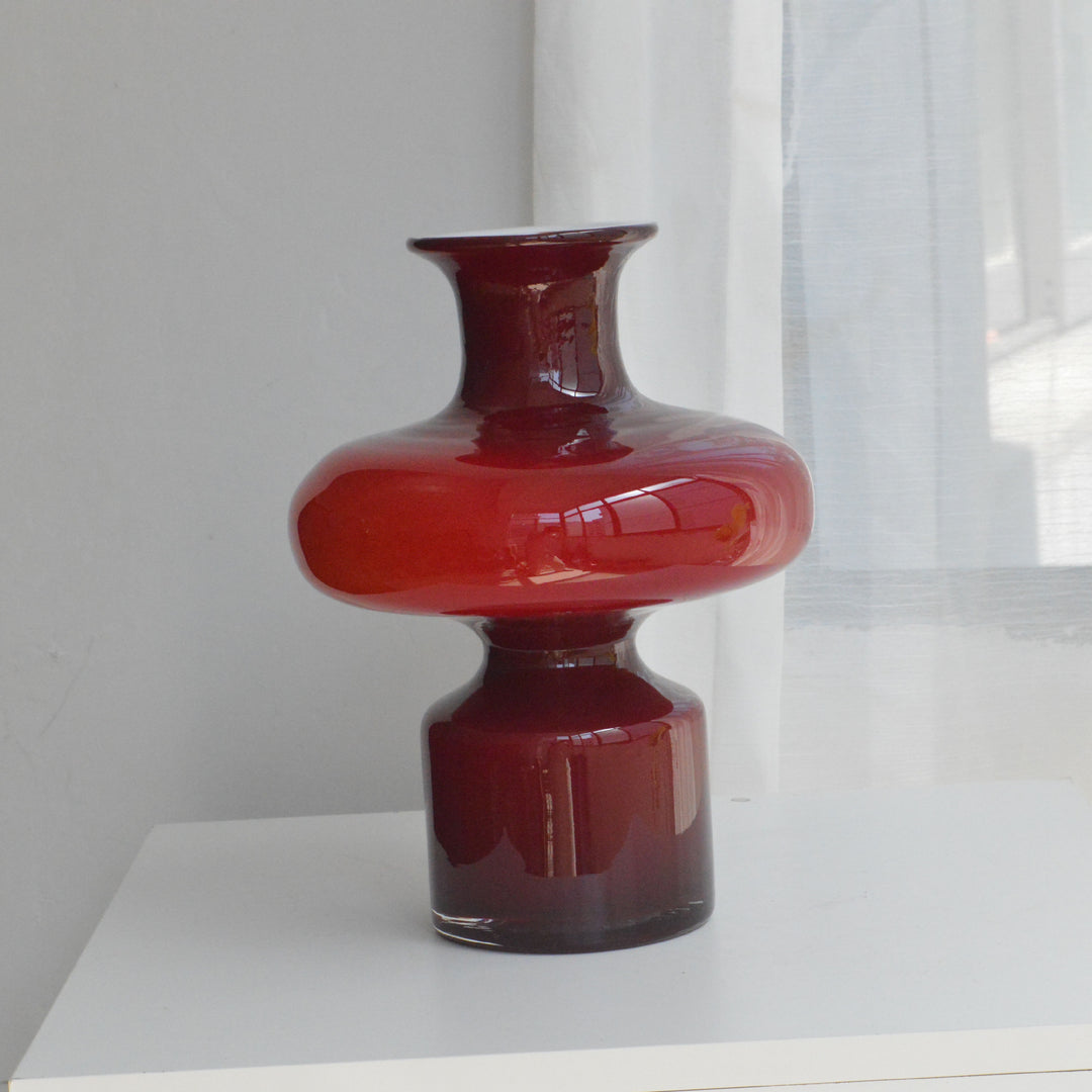 Studio-Blown Mushroom-Profile Art Glass Accent Vase with Stacked Silhouette Kalsten