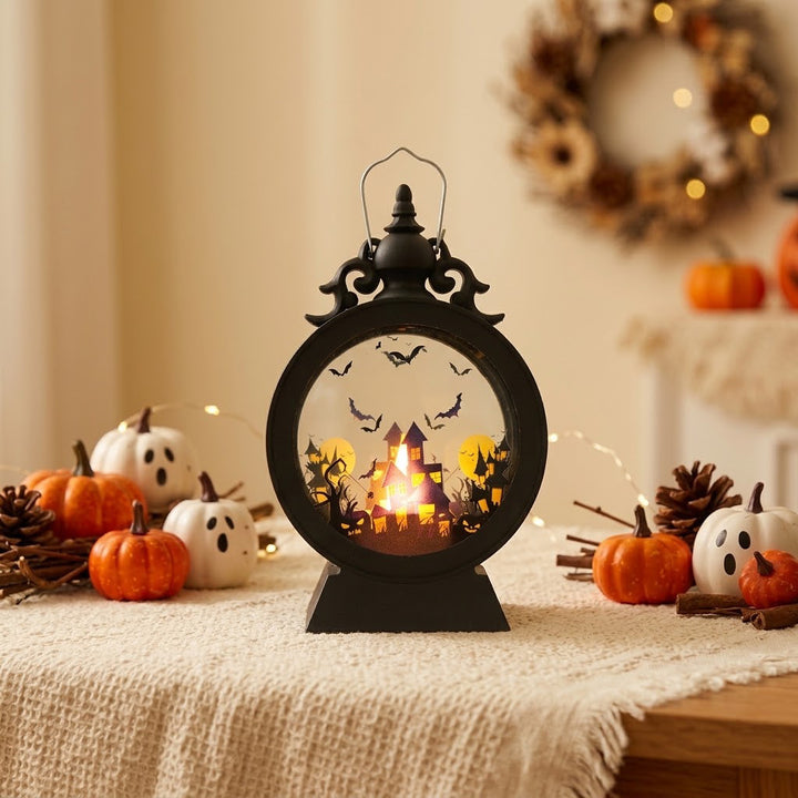 LED decorative table lantern with Halloween silhouettes and warm white light