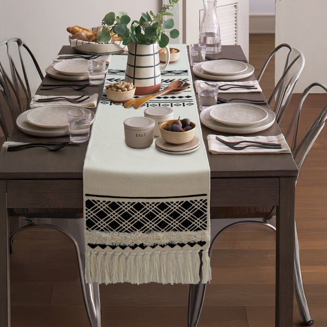 Boho table runner made of cotton blend with woven ethnic jacquard and decorative fringes Kalsten