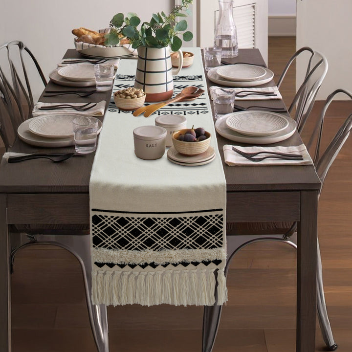 Boho table runner made of cotton blend with woven ethnic jacquard and decorative fringes Kalsten