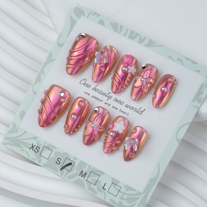 Artistic Floral Embellished Press-On Nail Design