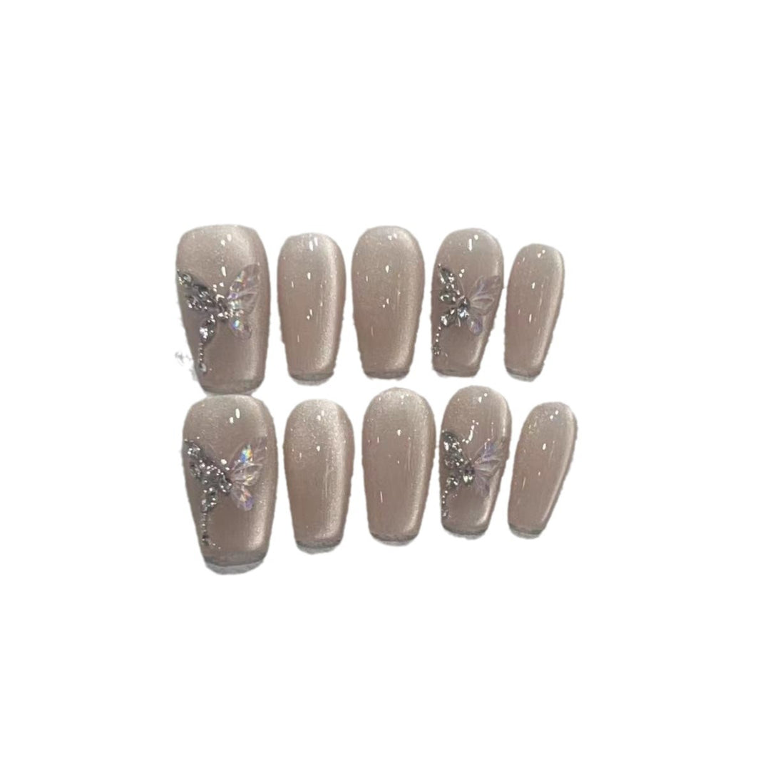 Stylish Press-On Nail Art Set with Elegant Butterfly and Gem Accents Kalsten