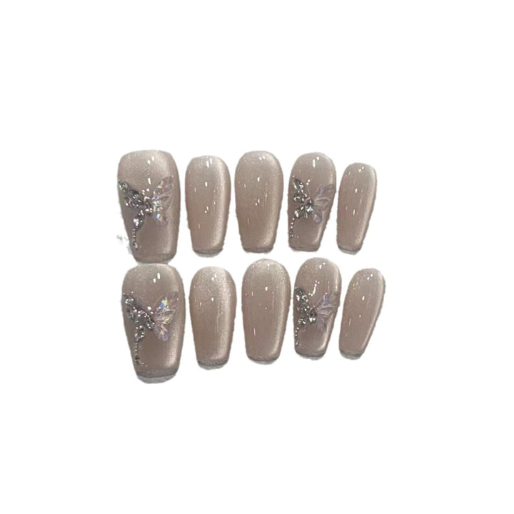 Stylish Press-On Nail Art Set with Elegant Butterfly and Gem Accents Kalsten