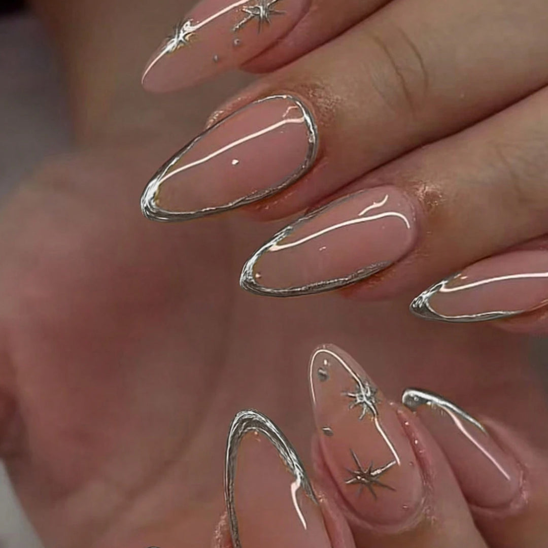 Elegant Stiletto Nail Art Set with Silver Accents Kalsten