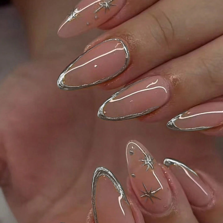 Elegant Stiletto Nail Art Set with Silver Accents Kalsten