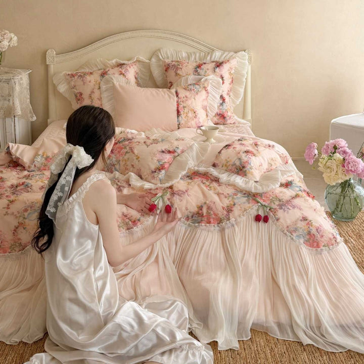 Luxurious multi-piece vintage bedding set with ruffles and floral pattern