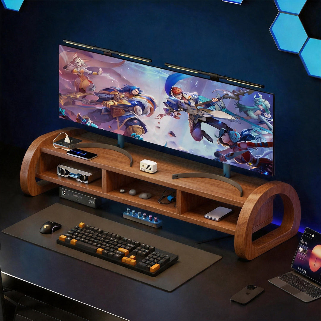 Wooden Monitor Riser with Metal Frame Elevated Desktop Shelf