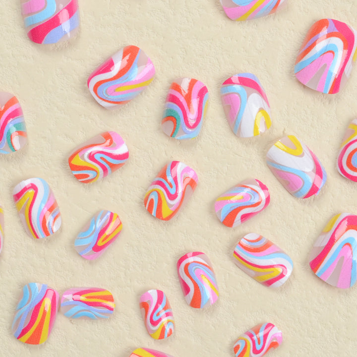 Acrylic nail set with colorful marble design and vibrant colors Kalsten