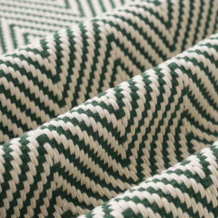 Woven runner and door mat set with herringbone structure and decorative fringes