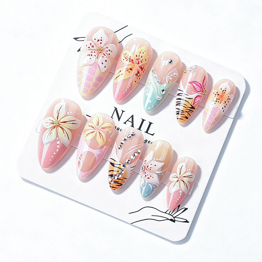 Artistic 3D Nail Tips with Botanical Decorations Kalsten