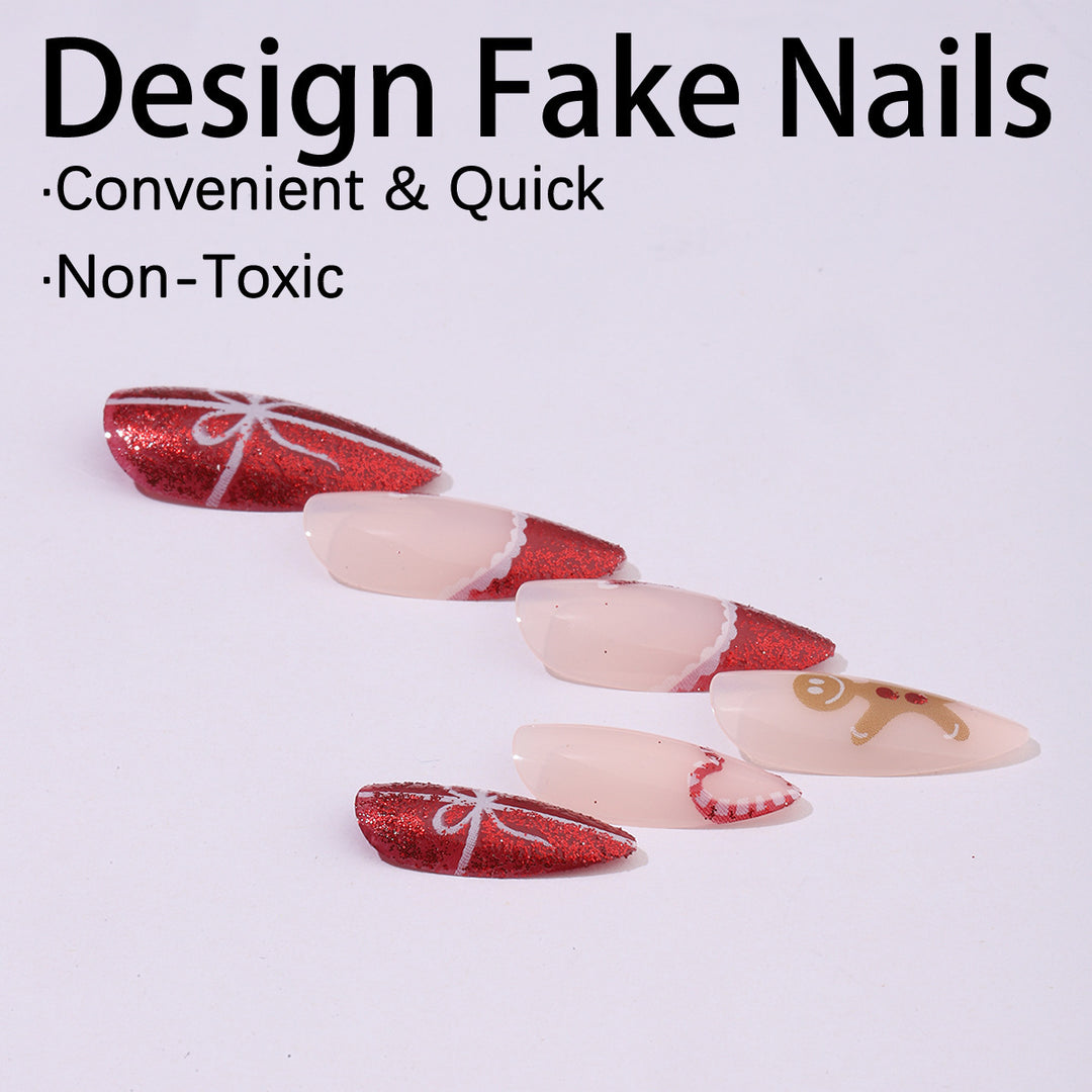 Artificial nail set with festive candy cane and gingerbread pattern Kalsten