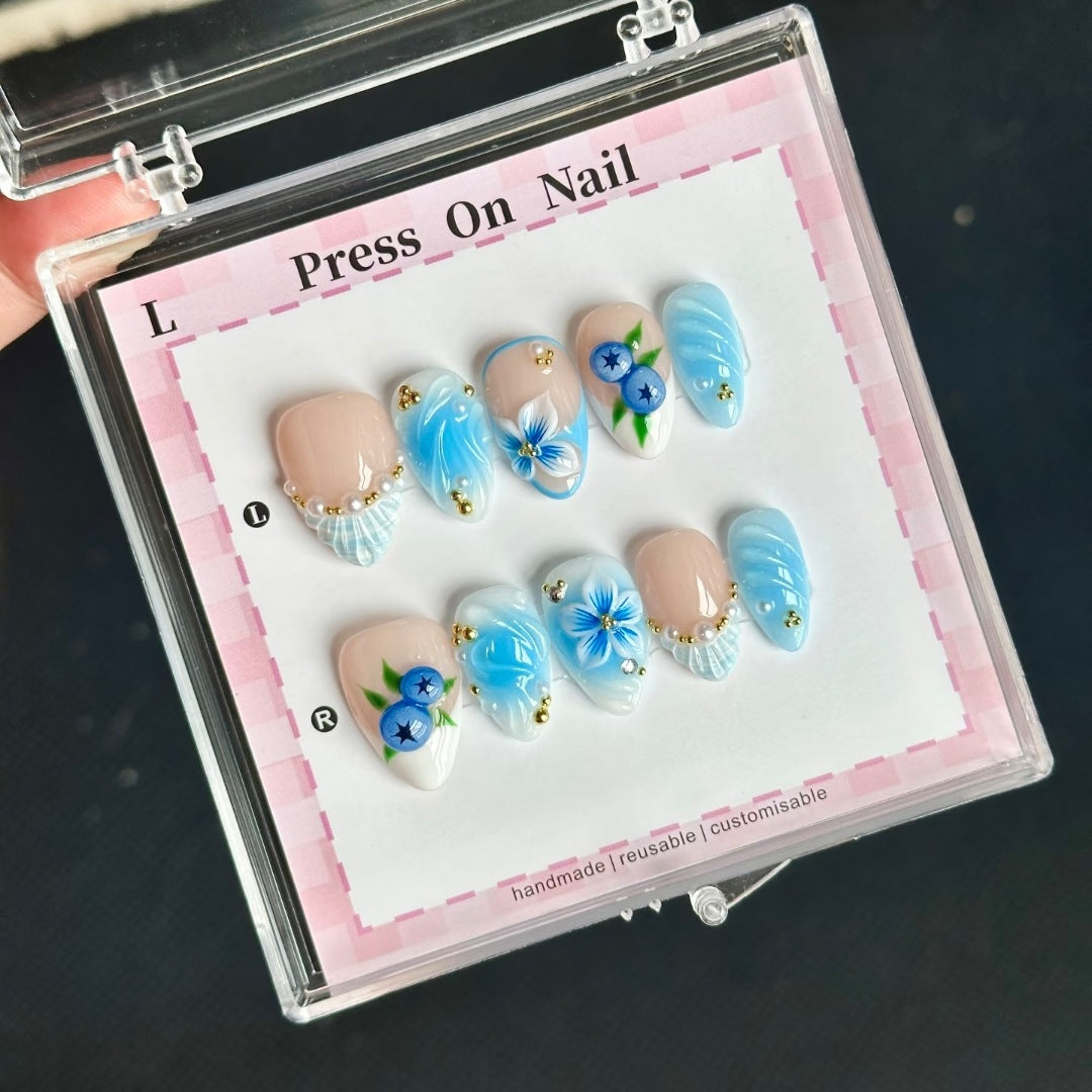 Artistic Floral Press-On Nail Set with Blue Accents