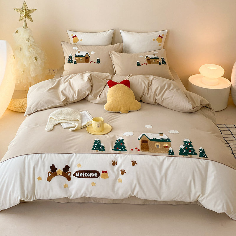 Cozy bedding set with embroidered winter house and Christmas tree motifs