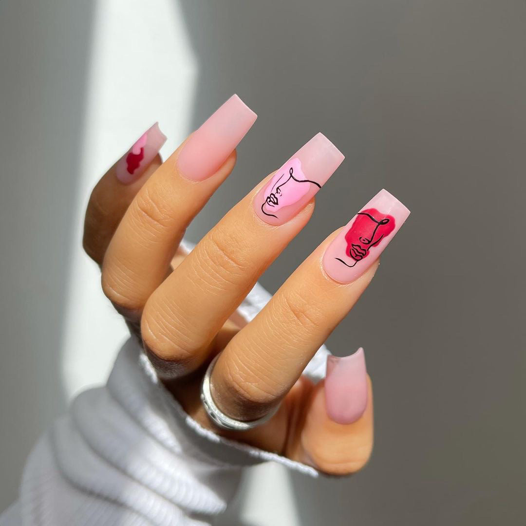 Artful Nail Extensions with Abstrahized Face Drawing Kalsten