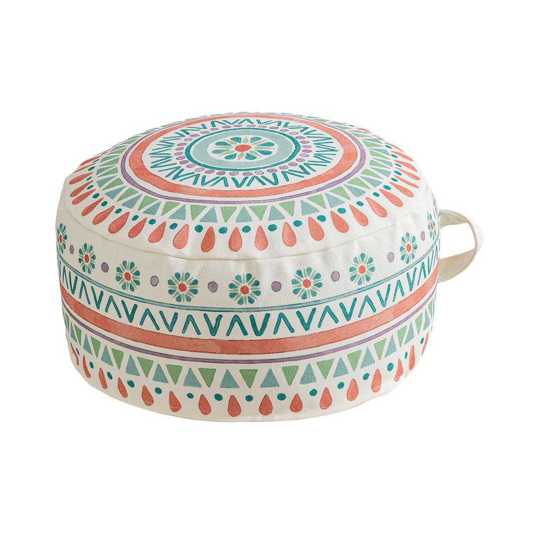 Round seat pouf with woven cotton cover and ethnic mandala print Kalsten