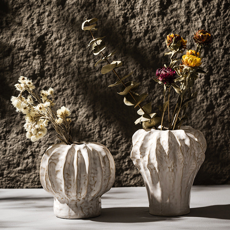 Ceramic Sculptural Ribbed Button Vase with Narrow Neck