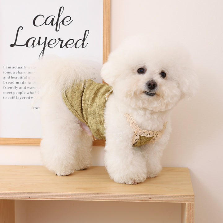Small Dog Ribbed Lace-Trim Bodysuit Harness Tee