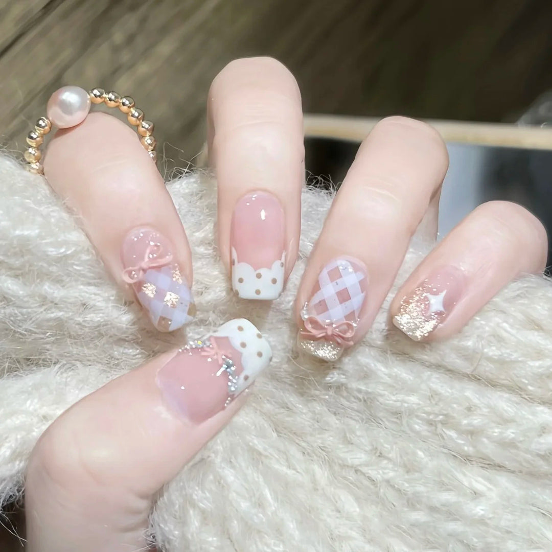 Decorative Press-On Nail Art Set with Charming Ribbon Accents Kalsten