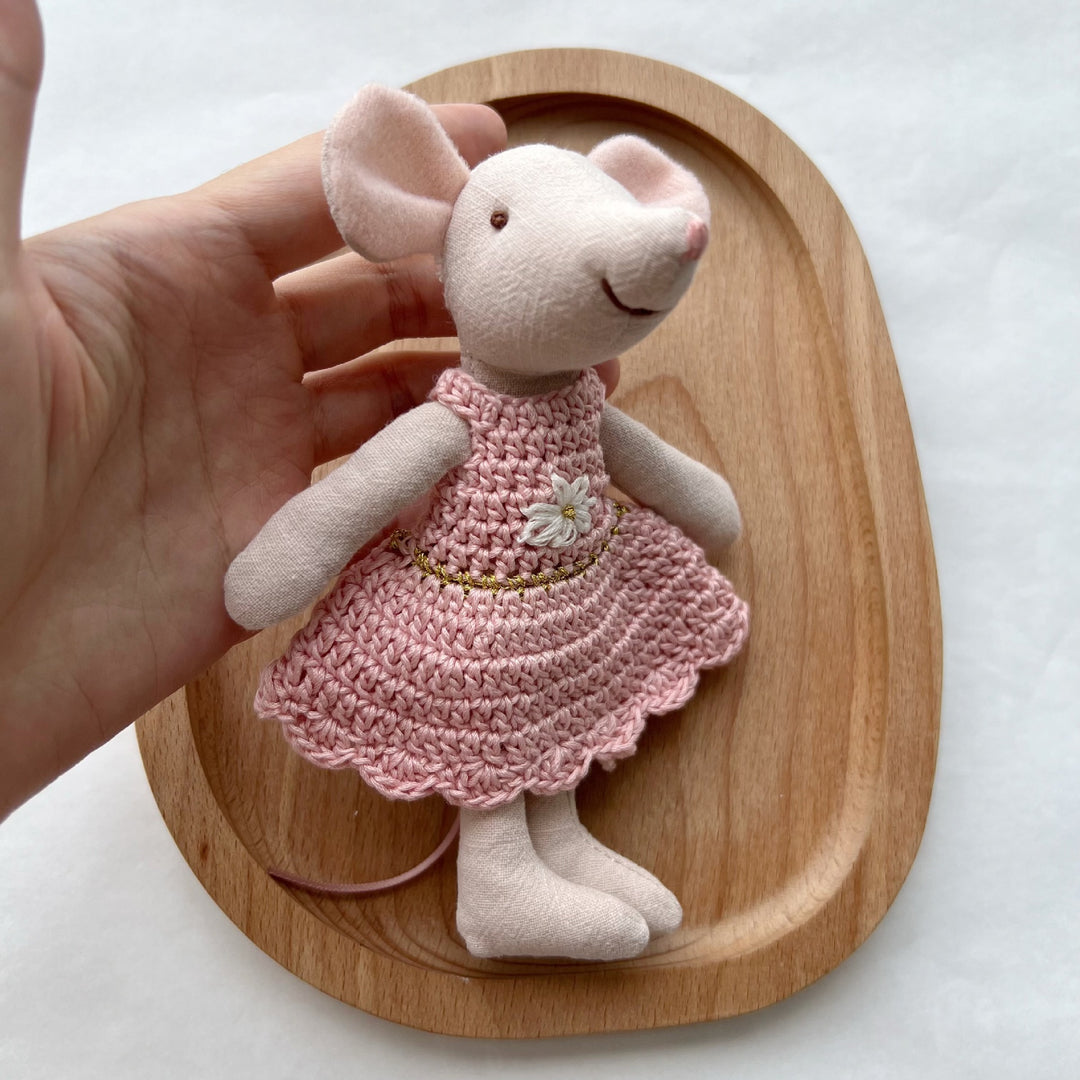 Handcrafted Linen Cotton Mouse Doll with Crochet Dress and Embroidered Flower