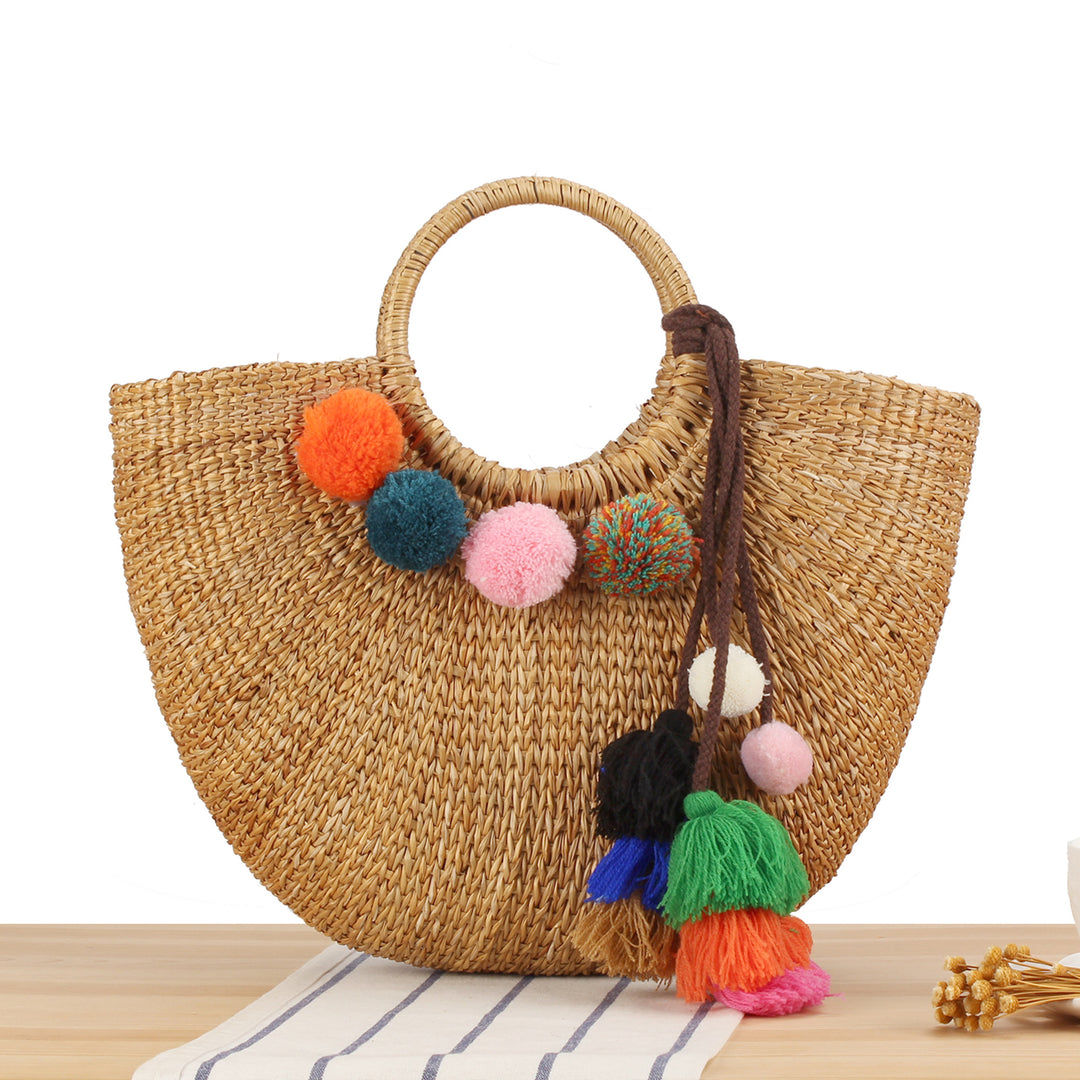 Braided Bast Crossbody Bag with Colorful Tassels Kalsten