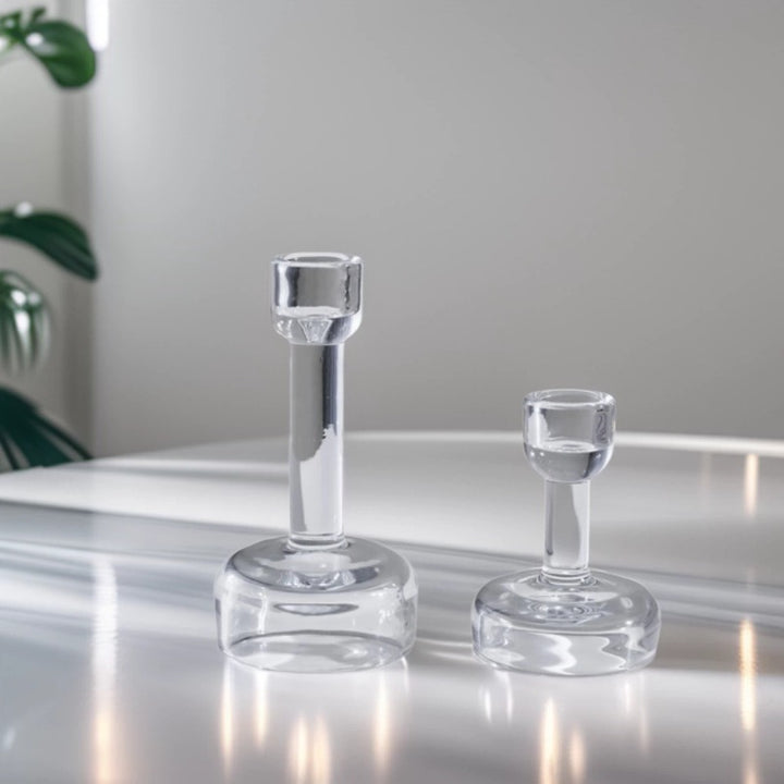 Minimalist Clear Glass Taper Candle Holder Pair with Weighted Base Kalsten
