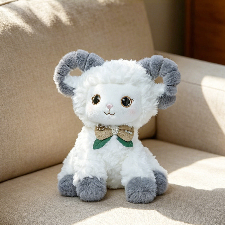 Curled-Horn Ram Plush Collectible with Embroidered Face, Bow Collar & Soft Faux Fur Kalsten