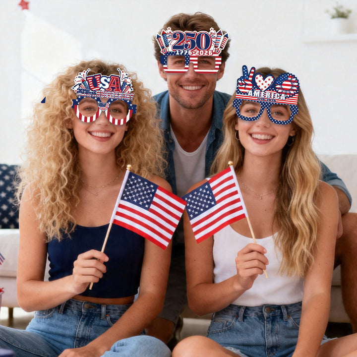 Unisex nan patriotic party glasses made of sturdy cardboard with USA flag design and fireworks toppers Kalsten