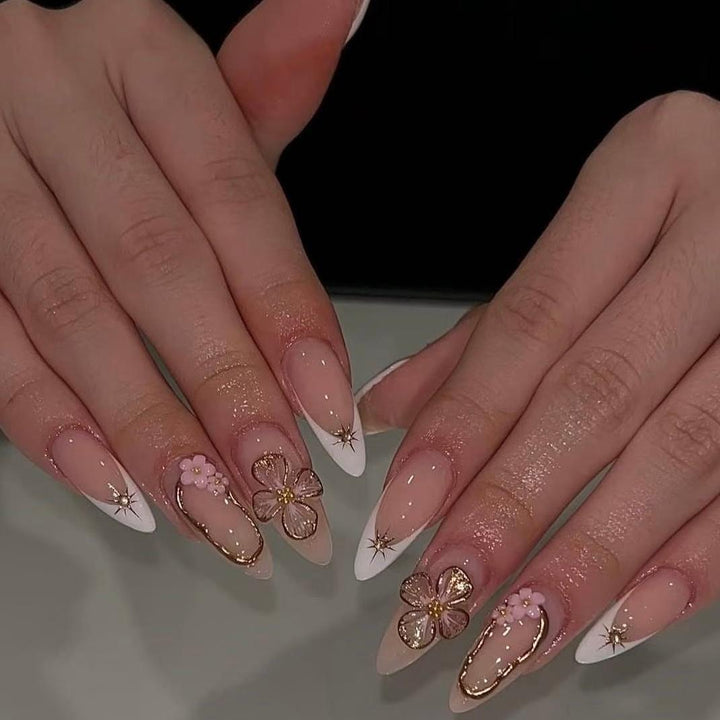 Elegant Press-On Nail Art Set with Floral Accents Kalsten