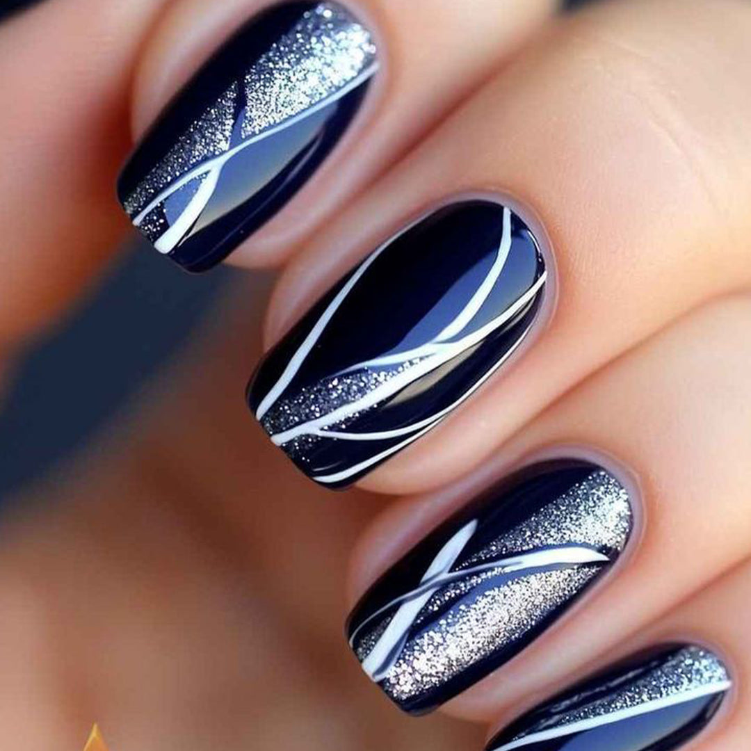 Stylish Press-On Nail Art with Glitter and Geometric Design Kalsten