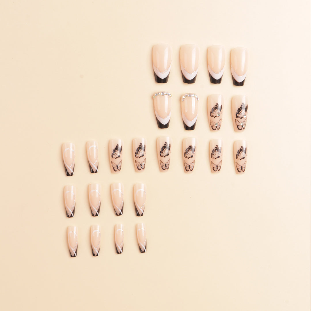 Artistic Long-Stiletto Press-On Nail Art with Butterfly Design Kalsten
