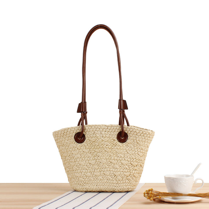 Handmade beach bag with brown leather handles Kalsten