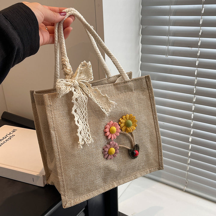 Floral Embellished Jute Handbag