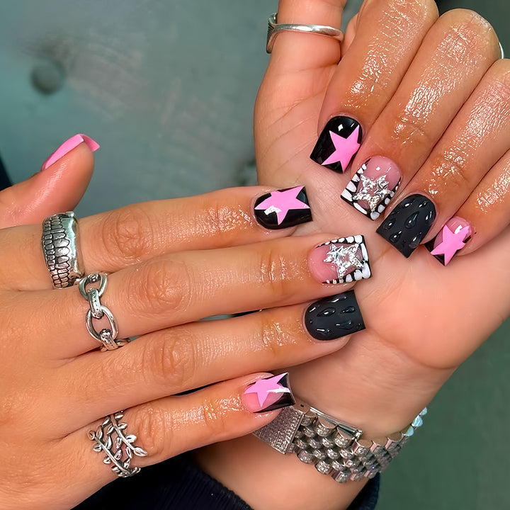 Artistic Press-On Nail Set with Star and Gem Accents Kalsten