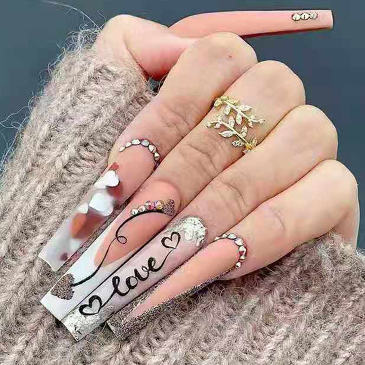 Acrylic nail set with romantic heart and glitter decorations Kalsten