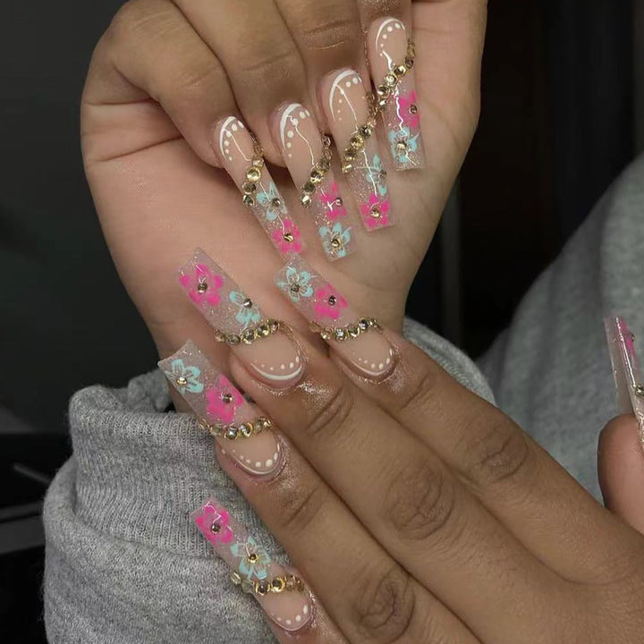 Floral Design Press-On Nails with Decorative Gem Accents Kalsten