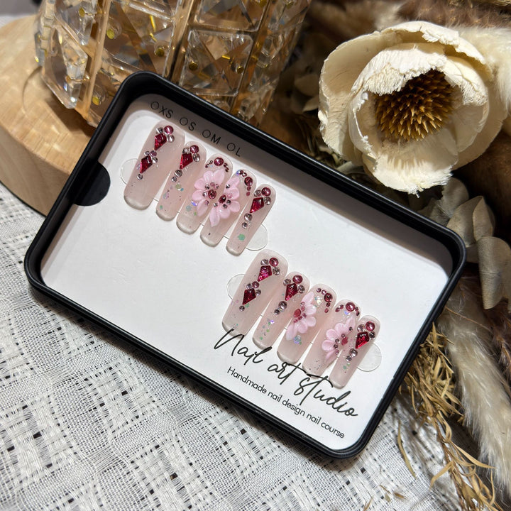 Floral-Themed Press-On Nail Set with Gemstone Accents Kalsten